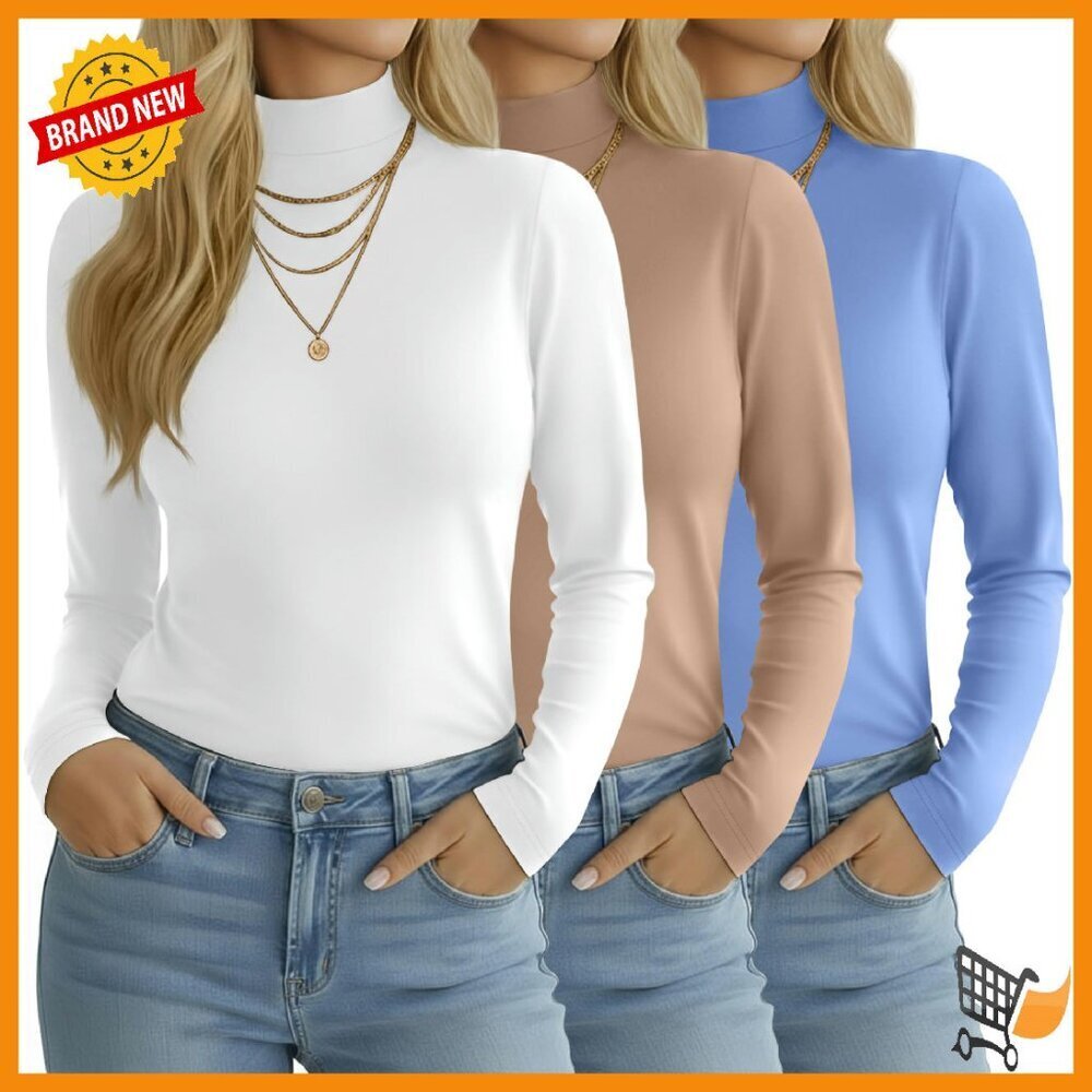 Women's Long Sleeve Mock Turtleneck Tops Slim Fit Layering Tee 3 Pack